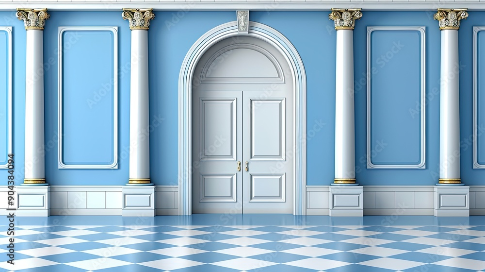Poster Decorated wall showcases classical architecture with ornate details and columns, reflecting elegance in design and color