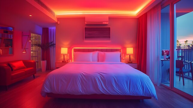 A bedroom with a bed, couch, and a window