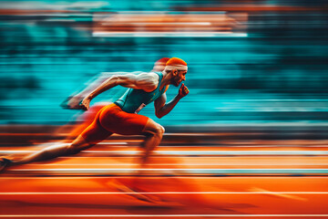 A dynamic image of an athlete sprinting at full speed in a competition, capturing the essence of determination, speed, and athletic prowess.