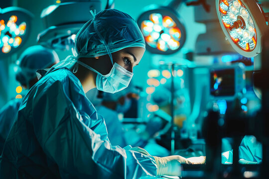 A dedicated surgical team performing a complex operation in a well-equipped hospital room, illustrating precision, expertise, and modern medical technology.