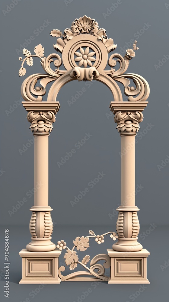 Poster decorated wall showcases classical architecture with ornate details and columns, reflecting elegance