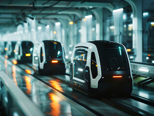 A line of futuristic autonomous transport vehicles traveling through a high-tech environment, suggesting advanced technology and modern urban mobility.