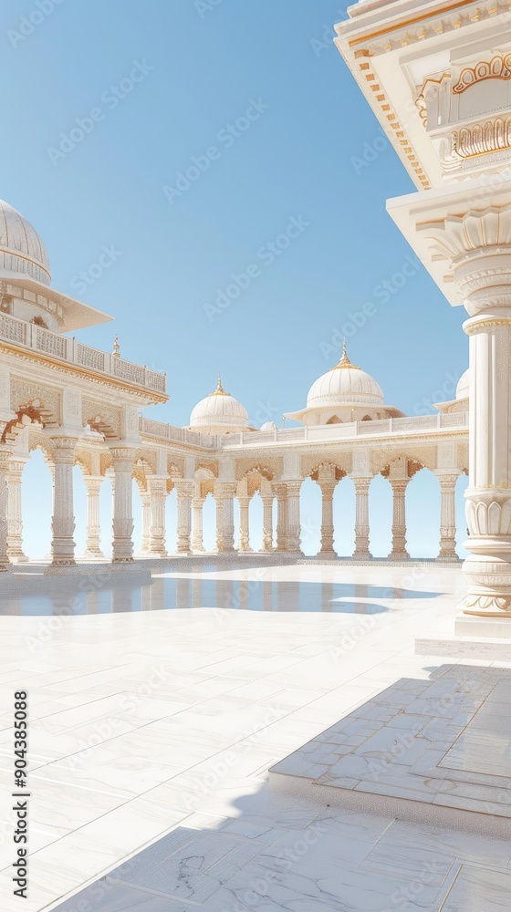 Poster decorated wall showcases classical architecture with ornate details and columns, reflecting elegance