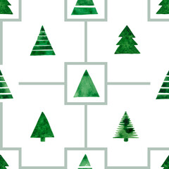 Fototapeta premium Seamless pattern with naive stylized Christmas trees, painted in watercolor. Watercolor children's Christmas trees in a seamless illustration. An idea for festive decoration and creating prints.