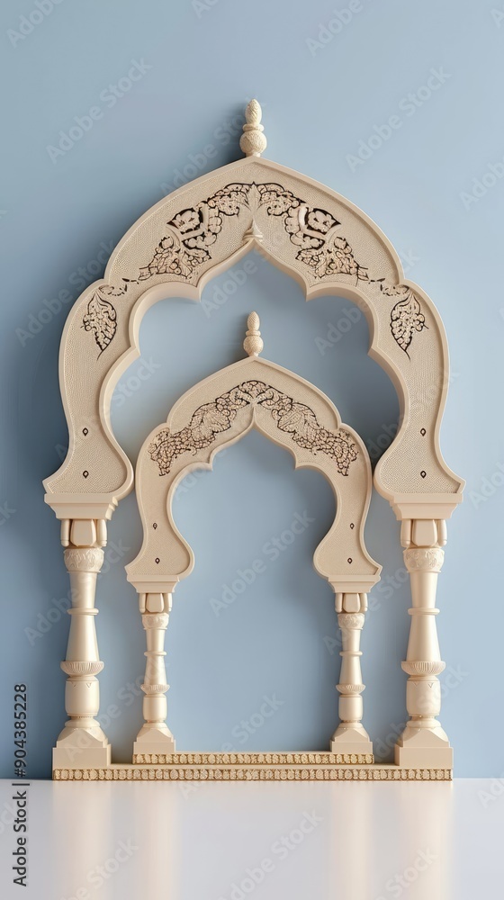 Poster decorated wall showcases classical architecture with ornate details and columns, reflecting elegance