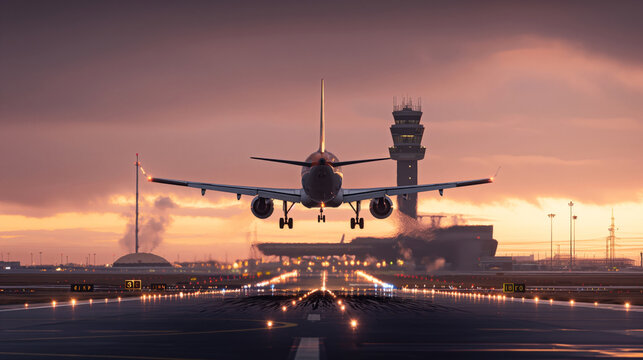 Commercial airplane landing on runway at airport during sunset with control tower in the background, featuring orange and purple sky.