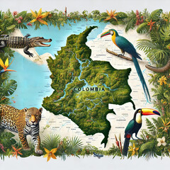 Detailed Map of Colombia with Jungle Vegetation Frame and Native Wildlife