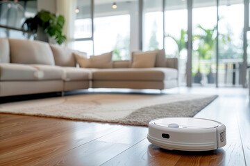 A robotic vacuum cleaner operates on a wooden floor in a cozy living room, highlighting modern home automation and convenience.