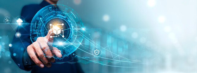 Blockchain Technology: Businessman touching connect to data information on cyberspace, secure...