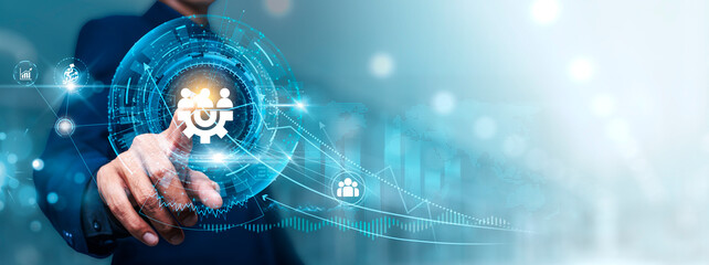 Human Resource: Businessman touching connect to data information on cyberspace, talent acquisition,...