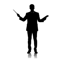 Silhouette of Teacher or Businessman with Pointer and Folder of Documents on White Isolated Background. Black and White Drawing