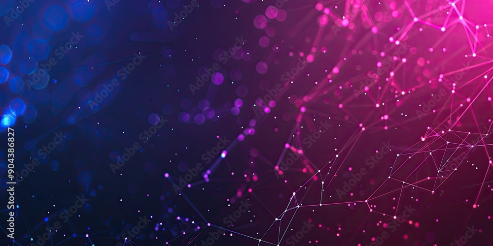 Poster abstract polygonal background with dots and lines in purple and blue colors, glowing particles on da