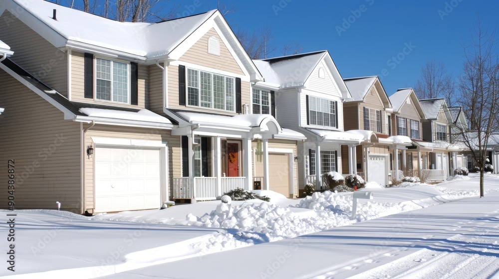 Wall mural a vibrant row of houses blanketed in fresh snow with bright exteriors, set against a clear blue sky 