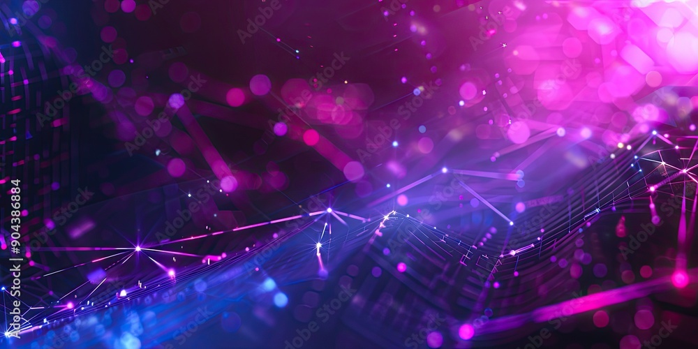 Poster abstract polygonal background with glowing dots and lines in purple and blue colors on a dark backgr