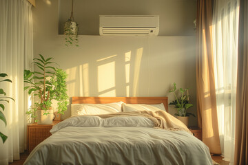 Modern style bedroom decoration, with plants and a wall-mounted air conditioner in warm colors.
