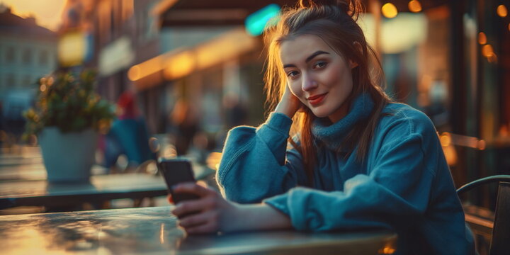 Young woman using smartphone for mobile banking and investment apps, digital finance solutions in urban cafe setting
