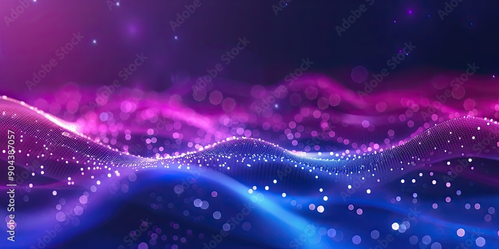 Poster abstract polygonal background with glowing dots and lines in purple and blue colors on a dark gradie
