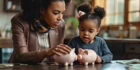 Mother teaching daughter financial literacy at home, next generation with money management skills