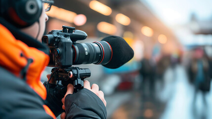Close-up of a person wearing winter clothing, operating a professional video camera with a microphone attached, capturing footage outdoors.