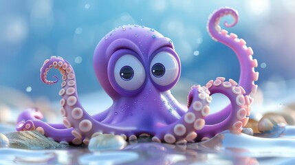 A cartoon octopus with large eyes and wet skin sits in the water. Generative AI