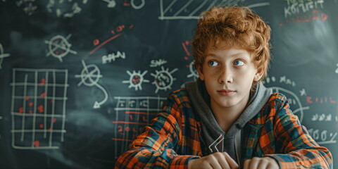 Curious student analyzing data on chalkboard, engagement in scientific concepts and problem-solving in education