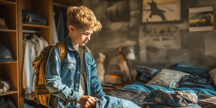 Young student with backpack preparing for school in bedroom, morning routine and readiness for academic day ahead