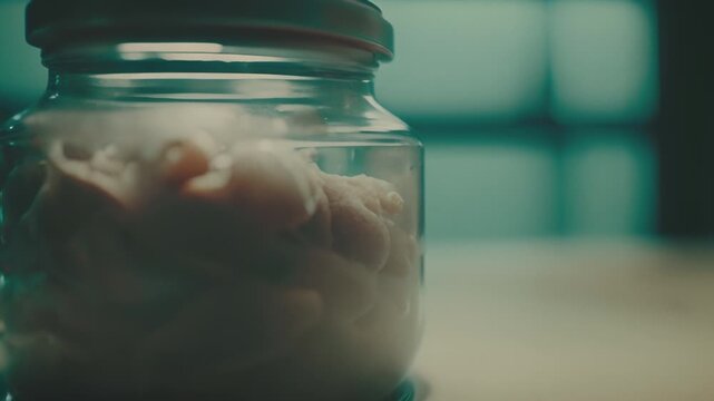Jars full of strange mutated plants or organisms. Alien species. Secret lab, forbidden experiments. Mad scientist laboratory. Horror or sci-fi movie theme, footage. Biohazard. Breeding.