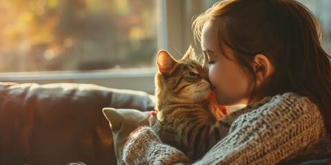 Young girl cuddling with cat, companionship and relaxation after school hours in cozy home environment