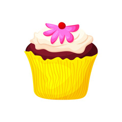 Cute and tasty hand drawn chocolate cup cacke with cream in yellow backery paper for birthday party. Sweet vector food illustration. Holiday dessert