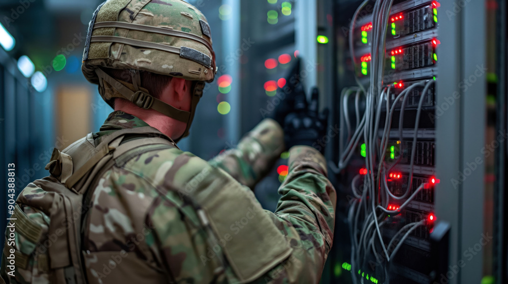 Wall mural A military personnel in camouflage uniform interacts with a server rack in a data center. The scene is illuminated by various server lights