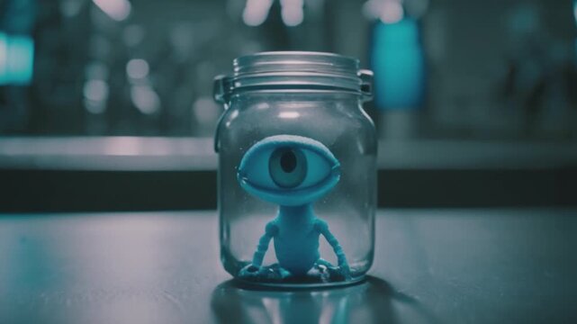 Tiny blue alien creature with one big blue eye held captive in a glass jar in a lab. Looking around. Scientific experiment. Extraterrestrial intelligence.Ufo inhabitant. Sci-fi, science fiction movie