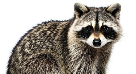 Fototapeta premium A raccoon with a rich gray coat and prominent black markings on its face isolated on a bright white background focusing on its expressive eyes