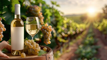 Fototapeta premium A bottle of wine and a glass rest atop a wooden barrel, with fresh grapes nearby and a beautiful vineyard landscape in the background during sunset
