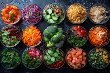 Fototapeta premium Colorful Array of Fresh Vegetables and Salads Prepared for a Healthy Meal in a Modern Kitchen