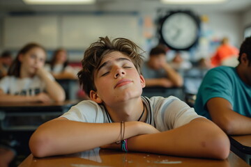 Exhausted schoolboy napping during class, challenges of maintaining focus and energy throughout school day