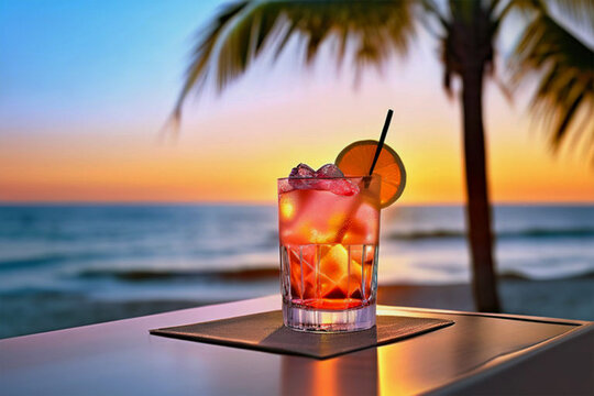 A glass of chilled cocktail with a slice of orange against the backdrop of the sea and sunset. Southern summer evening.