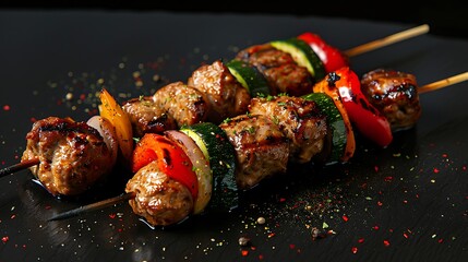 Vegetable-topped grilled shish kebab on black