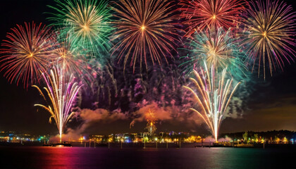 Bright flashes of fireworks, festive salute against the night sky. Pyrotechnic rocket fire.