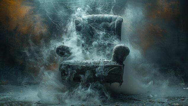 A high-quality studio photograph of an office chair covered in spider webs.