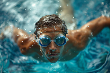 Naklejka premium Dynamic Competitive Swimmer Dives Gracefully Into Crystal Clear Pool Water