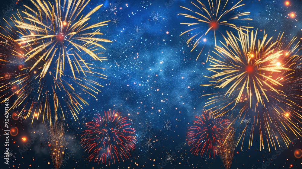 Poster a fireworks display with four different colored fireworks