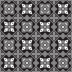 Vector black and white floral geometric seamless pattern. Dark monochrome background. Elegant ornamental texture. Vector Illustration