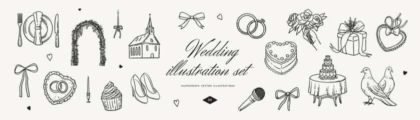 Wedding Elements Collection. Set of hand drawn wedding illustrations, rings, cake, flowers, doves, gifts and microphone. Vector wedding illustrations for invitations, greeting cards and posters.