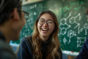 Beautiful young woman wearing glasses is smiling and laughing while looking at organic chemical formulas on a green chalkboard in a chemistry classroom.  Handsome man