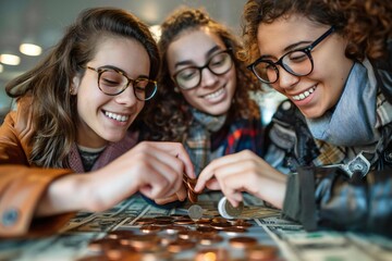 Fototapeta premium Three beautiful people, wearing glasses, are smiling and laughing as they place more money onto a growth chart of coins, looking determined and focused.