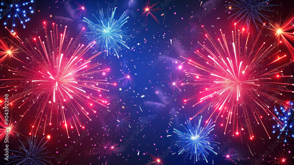 Poster a fireworks display with four different colored fireworks