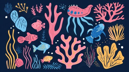 Graphic illustration simplifying vibrant ocean life focusing on coral structures