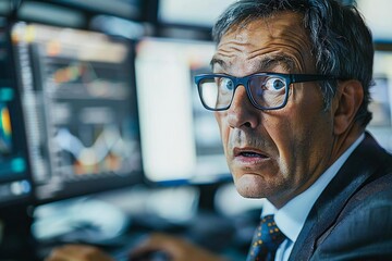 The beautiful senior businessman, wearing eyeglasses, is looking confused and disappointed while working on his computer in the office.