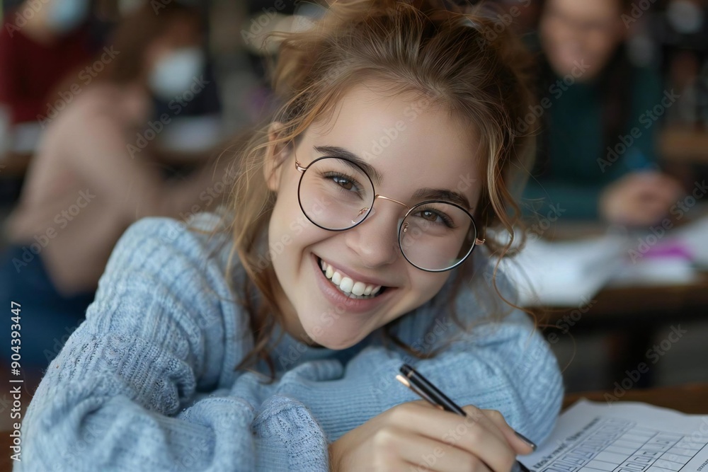 Poster beautiful woman with glasses smiling and laughing while filling out a survey form with a pen, lookin