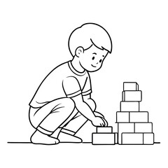 A cute chile play with toy blocks, line art vector illustration